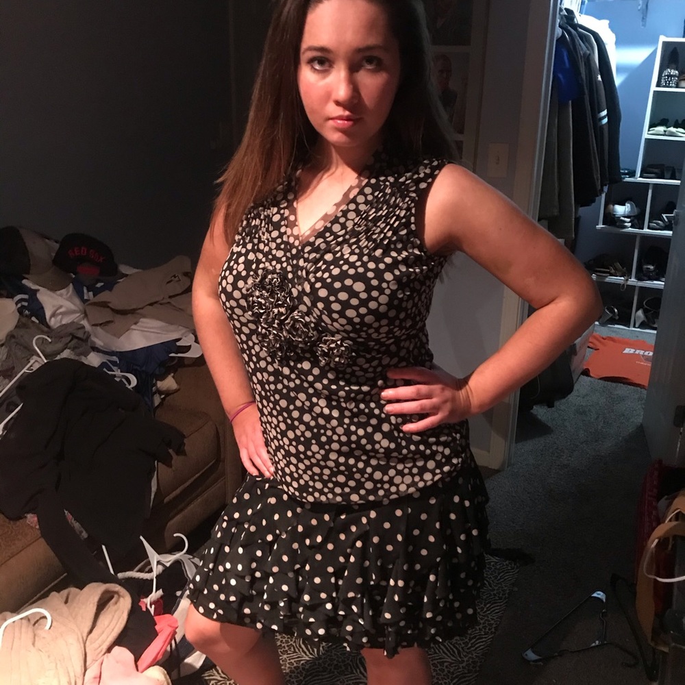 Polka dot skirt and bounce shirt outfit